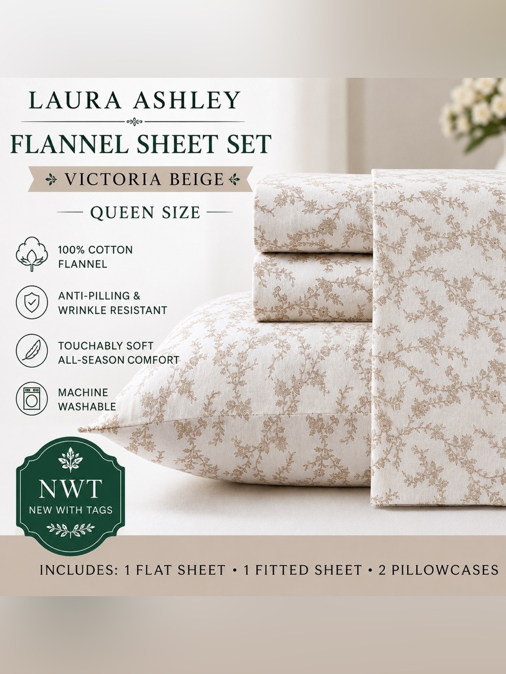 NWT Laura Ashley Victoria Beige Queen Flannel Sheet Set Soft Cotton Bedding
